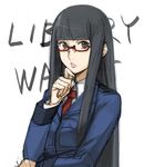  black_hair glasses lipstick long_hair makeup necktie shibasaki_asako solo tetsu_(kimuchi) toshokan_sensou uniform 