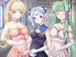  bare_shoulders blonde_hair blue_eyes blue_hair blush breasts choker circlet cleavage closed_eyes covered_nipples curly_hair dress drill_hair elbow_gloves elf elfin_rose frown gloves green_hair hair_ribbon large_breasts medium_breasts multiple_girls pointy_ears ponytail pregnant purple_eyes ribbon 