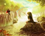  1girl blonde_hair fishing fishing_rod forest hat imp link midna nature pointy_ears rainbow river sitting sunrise the_legend_of_zelda the_legend_of_zelda:_twilight_princess water yumeshima_sui 