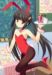  animal_ears black_hair brown_eyes bunny_ears bunnysuit can coca-cola flat_chest food gaou hair_bobbles hair_ornament long_hair original pantyhose pocky product_placement shoe_dangle soda_can solo tray twintails 
