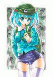  backpack bad_id bad_pixiv_id bag blue_eyes blue_hair colored_pencil_(medium) cucumber hair_bobbles hair_ornament hat kawashiro_nitori key kidanieru marker_(medium) no_pants school_swimsuit short_hair solo swimsuit swimsuit_under_clothes thighhighs touhou traditional_media twintails two_side_up watercolor_(medium) 