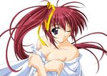  bare_shoulders bow breasts cleavage comic_party large_breasts long_hair non-web_source one_eye_closed ponytail purple_eyes red_hair solo takase_mizuki yellow_bow 