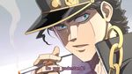  bad_id bad_pixiv_id black_hair chain cigarette green_eyes hat jojo_no_kimyou_na_bouken kuujou_joutarou linjie male_focus solo subtitled 