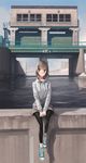  aqua_footwear astg bad_id bad_pixiv_id bangs black_legwear bridge brown_eyes brown_hair building canal concrete cross-laced_footwear door drawstring floodgate foot_dangle full_body grey_skirt head_tilt highres hood hood_down hooded_sweater hoodie lamp leggings looking_away looking_to_the_side no_socks original outdoors railing river shadow shoelaces shoes short_hair sitting skirt sneakers solo speaker stairs sweater v_arms water window 