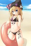  bad_id bad_pixiv_id beach bikini blonde_hair blue_eyes day fang front-tie_top hat highres innertube jewelry kneeling kurimu_(crim_soda) long_hair original pendant plaid side-tie_bikini solo swimsuit 