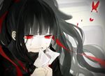  azami_(kagerou_project) black_hair bug butterfly crying days_(kagerou_project) gorgon insect kagerou_project letter long_hair monster_girl pecchii red_eyes sad solo spot_color tears 