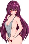  bangs bare_shoulders blush breasts cleavage collarbone commentary_request fate/grand_order fate_(series) grey_tank_top hair_between_eyes hair_intakes hips large_breasts long_hair looking_at_viewer muta_poo open_mouth panties purple_hair red_eyes red_panties scathach_(fate)_(all) scathach_(fate/grand_order) shirt_pull sideboob simple_background smile solo underwear white_background 