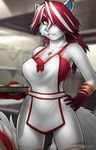  anthro apron blue_nose body_markings bra breasts clothed clothing female food gloves hair jubilee_(orange04) mammal markings naked_apron oven_mitt pastry red_hair skimpy skunk smile solo stripes strype tray two_tone_hair underwear yellow_eyes 
