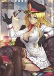  1girl augusto_pinochet blonde_hair book breasts bullet_hole cap cleavage couch dictator fire genderswap gloves green_eyes gunshots houtengeki indoors large_breasts looking_at_viewer medal miniskirt representation skirt sofa solo thighhighs uniform wall 