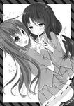  bad_id bad_pixiv_id blush embarrassed finger_sucking greyscale hair_ribbon highres long_hair looking_at_another looking_at_viewer looking_back monochrome multiple_girls original ribbon school_uniform skirt thighhighs yadapot yuri 