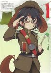  1girl ahoge animal_ears belt black_eyes black_hair brown_eyes dictator dog_ears dog_tail epaulettes federation_of_arab_republics_flag flag flags flat_chest genderswap glasses green_paint grin highres ixy libyan_flag mc_axis military military_hat military_uniform muammar_gaddafi paint paintbrush representation salute sash scan short_hair smile solo tail translation_request uniform 