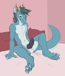  anthro balls bed black_penis blue_eyes chest_tuft daintydragon demicoeur digitigrade dragon erection fur grin hair horn leaning male naughty_face navel penis pillow sitting sketch solo tuft 