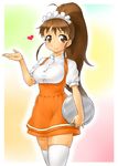  1girl anna_miller breasts brown_eyes brown_hair dress gradient gradient_background headband heart holding large_breasts long_hair looking_at_viewer medium_breasts onsoku_maru orange_dress payot ponytail sidelocks skindentation smile solo taneshima_popura thighhighs thighs tray uniform waitress white_legwear working!! zettai_ryouiki 