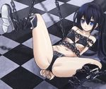  1girl arms_behind_back bdsm black_rock_shooter black_rock_shooter_(character) blue_eyes bondage bound chains female jitan777 long_hair md5_mismatch resized shorts solo spread_legs 