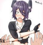  bad_id bad_pixiv_id black_gloves black_hair blush breasts covering covering_chest dress_shirt eyepatch fang gloves hair_ornament kanden_suki kantai_collection medium_breasts open_mouth shirt short_hair solo_focus tenryuu_(kantai_collection) torn_clothes upper_body yellow_eyes 