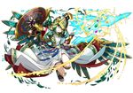  adachi_yousuke athena_(p&amp;d) dress green_hair helmet left-handed long_hair looking_at_viewer official_art polearm puzzle_&amp;_dragons sandals shield solo spear weapon wings 