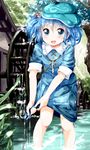  :d blue_eyes blue_hair blush hat kawashiro_nitori open_mouth ruu_(tksymkw) short_hair smile solo touhou wading water water_wheel wet wet_clothes wringing_clothes 