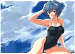  absurdres arm_up armpits ayanami_rei bad_id bad_pixiv_id blue_hair competition_school_swimsuit hand_on_own_head highres looking_at_viewer neon_genesis_evangelion one-piece_swimsuit puma_(hyuma1219) red_eyes school_swimsuit short_hair solo swimsuit 