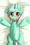  blush dialog dyoung english_text equine female friendship_is_magic fur green_fur hair hi_res hooves horn horse looking_at_viewer lying lyra_heartstrings_(mlp) mammal my_little_pony navel on_bed open_mouth pony smile solo text two_tone_hair unicorn yellow_eyes 