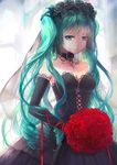  black_dress black_wedding_dress choker corset dress elbow_gloves flower gloves green_eyes green_hair hair_flower hair_ornament hatsune_miku highres long_hair mimi_n rose solo twintails veil vocaloid wedding_dress 