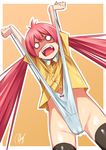  bow bow_panties cameltoe commentary_request mask no_pants open_mouth original panties panty_lift pink_hair re_lucy shirt solo thighhighs twintails underwear wedgie white_panties 