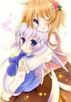  :o blush bow cheek_press chestnut_mouth dress_shirt flower_(symbol) glowing gochuumon_wa_usagi_desu_ka? hair_ornament hairclip hand_on_another's_head hoto_cocoa hug hug_from_behind kafuu_chino long_hair long_skirt long_sleeves looking_at_viewer looking_to_the_side multiple_girls one_eye_closed open_mouth orange_hair puffy_long_sleeves puffy_sleeves purple_eyes purple_hair rabbit_house_uniform shirt short_hair skirt usagiya-shiina very_long_hair waitress x_hair_ornament 