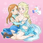  anna_(frozen) bad_id bad_pixiv_id blonde_hair blue_eyes boots braid breast_press breasts brown_hair cellphone commentary_request doboshiru dress elsa_(frozen) freckles frozen_(disney) high_heels imminent_rape kneeling large_breasts looking_at_viewer medium_breasts melting multiple_girls nipples olaf_(frozen) open_mouth outline parted_lips phone pink_background siblings sisters smartphone snowflakes snowman sweat symmetrical_docking tears torn_clothes twin_braids 