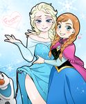  anna_(frozen) bad_id bad_pixiv_id blonde_hair blue_eyes blush braid brown_hair cape character_name commentary_request copyright_name doboshiru dress dress_lift elsa_(frozen) eyeshadow freckles frozen_(disney) heart lips looking_at_viewer makeup multiple_girls olaf_(frozen) parted_lips siblings sisters smile snowflakes snowman twin_braids 