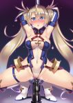  1girl armpits arms_up blonde_hair blue_eyes blush boots bradamante_(fate/grand_order) breasts breath cleavage covered_navel dildo elbow_gloves erect_nipples fate/grand_order fate_(series) faulds gloves groin hair_ornament heart heart-shaped_pupils highres kutan leotard long_hair medium_breasts navel pole pole_dancing revision solo sweat symbol-shaped_pupils twintails very_long_hair wet wet_clothes 