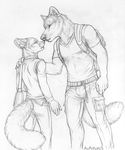  clothing duo fennec fox friends friendship half-closed_eyes hand_on_shoulder male mammal marcus muscles piercing reis rucksack rukis shoulder_bag wolf 