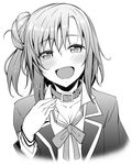  akino_sora blush collar greyscale hair_bun highres looking_at_viewer monochrome open_mouth school_uniform short_hair smile solo yahari_ore_no_seishun_lovecome_wa_machigatteiru. yuigahama_yui 