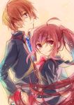  1girl bad_id bad_pixiv_id bow brown_hair chogi closed_mouth jacket light_smile little_busters! long_hair looking_at_viewer looking_back natsume_kyousuke natsume_rin necktie orange_hair ponytail profile red_eyes school_uniform siblings very_long_hair 