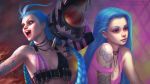 :d arm_tattoo artist_name blue_hair braid breasts bullet bullet_necklace chest_tattoo closed_mouth commentary deviantart_username english_commentary eyelashes facebook_username gohpot gun hair_ornament hairclip highres holding holding_gun holding_weapon jewelry jinx_(league_of_legends) league_of_legends lips long_hair necklace off_shoulder open_mouth pink_shirt purple_eyes shirt small_breasts smile tattoo teeth tongue twin_braids very_long_hair watermark weapon web_address whorled_clouds 