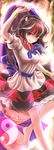  abstract_background arm_up barefoot black_hair bow bracelet fire hajike_akira horns jewelry kijin_seija looking_at_viewer multicolored_hair puffy_short_sleeves puffy_sleeves red_eyes red_hair ribbon short_hair short_sleeves skirt skirt_hold smile solo streaked_hair tongue tongue_out touhou white_hair yin_yang 