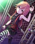  artist_request chain chain-link_fence choker fence idolmaster idolmaster_cinderella_girls lock nail_polish ninomiya_asuka official_art orange_hair plaid plaid_skirt purple_eyes rain skirt solo striped striped_legwear thighhighs zipper 