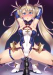  1girl armpits arms_up blonde_hair blue_eyes blush boots bradamante_(fate/grand_order) breasts breath cleavage covered_navel dildo elbow_gloves erect_nipples fate/grand_order fate_(series) faulds gloves groin hair_ornament heart heart-shaped_pupils highres kutan leotard long_hair medium_breasts navel pole pole_dancing revision solo sweat symbol-shaped_pupils twintails very_long_hair 