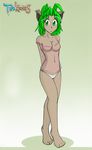  barefoot breasts brown_nose feline female fur green_eyes green_hair hair human hybrid karen_taverndatter lingerie looking_at_viewer mammal nishizumi77 open_mouth panties plain_background pose short_hair standing toes tom_fischbach translucent twokinds underwear webcomic 