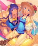  :d anklet bangs bare_legs beach beach_umbrella blonde_hair blue_eyes blue_hair blush bracelet braid breasts covered_navel eyewear_on_head flower hairpods hand_on_headwear hat hat_flower hibiscus innertube jewelry kneeling long_hair mckeee multiple_girls nora_(shingeki_no_bahamut) off_shoulder one-piece_swimsuit open_mouth revision sandals shingeki_no_bahamut shiny shiny_skin single_braid sitting small_breasts smile staff striped sun_hat sunglasses swimsuit toes umbrella vertical_stripes wariza wavy_mouth witchette yellow_eyes 