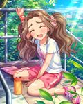  artist_request bottle brown_hair closed_eyes gym_shorts hair_ornament hair_scrunchie idolmaster idolmaster_cinderella_girls kusakabe_wakaba leaf long_hair official_art railing scrunchie shoes shorts sneakers solo tired towel tree tree_branch twintails wristband 