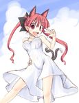  :d alternate_costume animal_ears bow breasts cat_ears cat_tail cloud covered_navel dress fangs from_below hair_bow hand_on_hip ichidai_taisa kaenbyou_rin long_hair medium_breasts multiple_tails nekomata open_mouth red_eyes red_hair see-through sky smile solo strap tail touhou two_tails white_dress 
