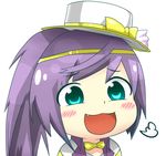  :3 blue_eyes blush bow bowtie chibi fang gyate_gyate hat hat_bow kanchigai laughing long_hair open_mouth ponytail purple_hair puzzle_&amp;_dragons ruka_(p&amp;d) simple_background smile solo top_hat white_background white_hat yellow_bow 