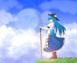  apron black_hat blue_hair bow cloud cloudy_sky collared_shirt day dress food frilled_dress frills from_side fruit grass hat hinanawi_tenshi long_dress long_hair peach puffy_short_sleeves puffy_sleeves red_eyes sash shirt short_sleeves sky solo sun_hat sword_of_hisou teoi_(good_chaos) touhou waist_apron 