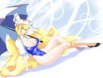  blonde_hair blue_leotard blush borrowed_design breasts cleavage fox_tail hat karakure_(kamo-nanban) large_breasts leotard long_legs multiple_tails race_queen short_hair solo tail touhou umbrella yakumo_ran yellow_eyes 