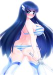  :&lt; ass back bad_deviantart_id bad_id black_hair blue_eyes blush bra breasts butt_crack curvy eyebrows from_behind hair_ornament hairclip kill_la_kill kiryuuin_satsuki large_breasts long_hair looking_back panties pastelletta skindentation solo striped striped_bra striped_panties sword thick_eyebrows thighhighs underwear underwear_only weapon white_background 