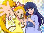  aoki_reika blonde_hair blue_eyes blue_hair hair_ornament hair_ribbon hairclip japanese_clothes kasugano_urara_(yes!_precure_5) kimono long_hair microphone multiple_girls precure ribbon ryuuta_(cure_ryuuta) shiny shiny_skin shirt smile smile_precure! twintails yellow_eyes yes!_precure_5 