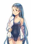  alternate_costume blue_eyes blue_hair branch_(blackrabbits) competition_school_swimsuit jacket kantai_collection long_hair off_shoulder one-piece_swimsuit open_clothes open_jacket samidare_(kantai_collection) simple_background sketch smile solo swimsuit swimsuit_under_clothes track_jacket white_background 