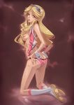  ass blonde_hair boobies_uniform breasts butt_crack crop_top front-tie_top hair_censor hair_over_breasts hairband honey_(space_dandy) lips long_hair long_legs looking_back medium_breasts miyo_(13th_floor) parted_lips short_shorts shorts sideboob solo space_dandy untied wrist_cuffs 