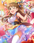  ;d blue_footwear brown_hair candy checkerboard_cookie cookie food frilled_legwear green_eyes idolmaster idolmaster_cinderella_girls long_hair makihara_shiho official_art one_eye_closed open_mouth ribbon-trimmed_legwear ribbon_trim shoes smile solo thighhighs tray 