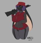  anthro aronhilistix big_breasts big_thighs breasts clothed clothing female gun hat lagomorph looking_at_viewer mammal rabbit ranged_weapon shotgun simple_background solo standing thick_thighs voluptuous weapon 