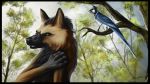  2015 ashesdrawn avian bird black_nose blue_feathers brown_eyes canine day detailed_background digital_media_(artwork) duo feathers mammal outside sky standing wolf 